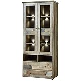 Stella Trading Bonanza Vintage Vitrine in Driftwood Optik - ausdrucksstarke Retro Glasvitrine inkl. LED Beleuchtung - 83 x 188 x 39 cm (B/H/T)