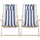 Jopassy Holzliegestuhl mit Armlehne 2er Set,klappbar Sonnenliege,Blau-weiß gestreift Holzliegestuhl Klappliege,Sonnenliege bis 120 kg, klappbar für Camping Freizeit Garten Strand