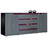 Vladon Sideboard Kommode Sylt V2, Korpus in Schwarz matt/Front in Avola-Anthrazit mit Absetzungen in Brombeer Hochglanz