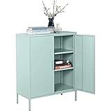 MEUBLE COSY Sideboard Kleiderschrank Wohnzimmer Aufbewahrungsschränke Garderobenschränke Metall Schrank mit Regal Ablage und Tür, Grün, 80x40x101.5cm, HARLAND LGREEN