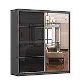 Kleiderschrank M31 mit Spiegel 203 cm, Schwebetürenschrank, Garderobeschrank Schlafzimmer; Wohnzimmerschrank; Korpus Schrank Farbe: Graphit; Farbe der Schrankfront: Schwarz Hochglanz- 2 Schiebetüren