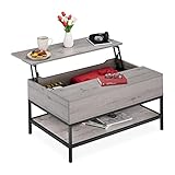 Relaxdays Couchtisch aufklappbar, mit Ablage, Wohnzimmertisch mit Stauraum, Holzoptik, HBT: 45,5x90x60 cm, grau/schwarz, Metall