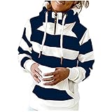 EMATOP Damen Hoodies Sport Kapuzenpullover Lässiges Rollkragen Sweatshirt mit Kapuze Pulli Pullover Streifen Stern Drucken Kapuzenpulli Top mit Tasche Langarmshirt Herbst Winter Sweatjacke