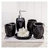 ANIIC Badezimmer Set Keramik-Seifenspender, Rund, Badezimmer-Accessoires-Set, 5-teilig, Zahnbürstenhalter, Mundwasserbecher, Seifenschale Badezimmer Zubehör (Color : Black, Size : 6 Pieces)