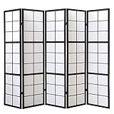 Homestyle4u 283, Paravent Raumteiler 5 teilig, Holz Schwarz, Reispapier Weiß, Höhe 175 cm