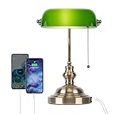 FIRVRE Grün Glas Banker Tischlampen Schreibtischlampe LED klassische Retro Tischleuchte mit kabellosem Ladegerät USB nachttischlampe mit ladefunktion antikes Metall Messing Zugkettenschalter