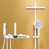 Yalsfowe Duschsystem mit Wannenauslauf, Duscharmatur-Set mit Temperaturanzeige, Regenduschkopf, Handbrause, Bidet-Handbrause, 4-Funktions-Duschset, Duschmischer-Wasserhahn,Weiß
