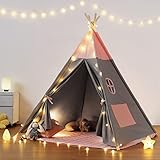 Tipi Zelt für Kinder,Kinderzelt, Tippi Kinderzelt besrey mit Gepolsterter Decke & Lichterkette aus Baumwolle Kinderzimmer Mädchen Pink