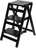 OUYOXI Indoor-Kletterhocker, 3-Stufen-Leiterhocker, multifunktionaler Klapp-Treppenstuhl, Dual-Use-Tritthocker, Heim-Stufenleitern aus massivem Holz/Braun (Schwarz) (Schwarz R)