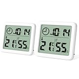 Newaner 2 stück Mini Digital Thermometer, Professionelles Tragbares Großbild Hygrometer mit Uhr, Genaues Weißes Zimmerthermometer, Raumthermometer für Zuhause, Babyzimmer, Büro, Gewächshaus