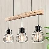 Lingkai Deckenlampe holz, 3 flammige Vintage Deckenleuchte im Industrial Design, Retro Pendelleuchte aus Stahl und Holz E27 Fassung