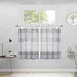 HAUSPROFI Scheibengardinen Modern Bistrogardine Grau Halbtransparent Streifen Kurz Küchenvorhang Voile Fenstergardinen 2er Set 69x114cm