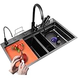 Küchenspüle Edelstahl Waschbecken 30/33 Doppelbecken-Küchenspüle, schwarze Nano-Multifunktionsspüle mit Seifenspender, ausziehbarem Wasserhahn, Abflusskorb, Sieb-Set für moderne Küchenspüle