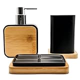 Premium Badezimmer-Set 3-Teilig, aus Bambus und hochwertigem Harz, Seifenspender + Becher + Seifenschale, Bad Geschenkidee, Bad Deko, Bad Accessoires, Bad Set, Bad Zubehör (Schwarz, Holz)