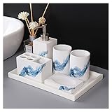 Teleskop-Bodenständer-Seifenspender aus Keramik, weiß, Badezimmer-Zubehör-Set komplett – 6-teiliges Bad-Set mit Seifenspender, Zahnbürstenhalter, Becher, Seifenschale und Tablett, für Hotel-