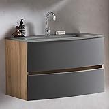 Lomadox Waschtisch Badezimmer 80 cm Wotaneiche Nb. mit matt grau inkl. Glaswaschbecken grau, BxHxT: ca. 80x53x49 cm
