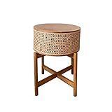 Couchtisch Runder Beistelltisch aus Massivholz mit Rattan-Aufbewahrungskorb, rustikaler Beistelltisch, Sofa-Beistelltisch, kleiner runder Nachttisch, kleiner Couchtisch for Wohnzimmer und Schlafzimmer