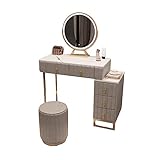 JATIBOSH Vanity Desk, Make Vanity Set mit Touchscreen Dimmbaren Spiegel, 3 Farben Beleuchtung Modi, Schminktisch mit 5 Schubladen, Schlafzimmer und Gepolsterte Hocker Set füR Frauen MäDchen