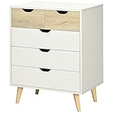 HOMCOM Kommode Beistellschrank mit 5 Schubladen Sideboard Schubladenschrank für Schlafzimmer Wohnzimmer im Modernem Design Weiß+Hellbraun 60 x 40 x 77,5 cm