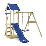 WICKEY Spielturm Klettergerüst TinyWave mit Schaukel & Blauer Rutsche, Outdoor Kinder Kletterturm mit Sandkasten, Leiter & Spiel-Zubehör für den Garten