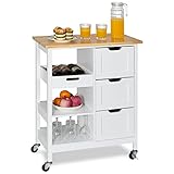 YITAHOME Rolling Kitchen Trolley mit Arbeitsplatte, Mobile Kitchen Island Free Standing mit 3 Schubladen und offenen Regalen, moderner Sewring Trolley Cart für Esszimmer Restaurant Bar, weiß