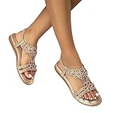 tinbarry Sandalen Damen Strass Boho Flache Sandalen T-Riemen Weichen Sohlen Sommerschuhe Gummiband Slingback Zehentrenner Sandalen Flache Flip Flops Elegante Strandschuhe Beach Sommer Freizeitschuhe