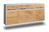 Lqliving Kommode Sideboard Manchester, Korpus in Weiss matt, Front im Holz-Design Eiche (180x77x35cm), inkl. Metall Griffen, Wandmontage, Made in Germany