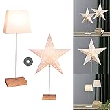 Tischlampe mit Wechselschirm Leo von Star Trading, 3D Papierstern Weihnachten oder eckiger Lampenschirm in Weiß mit Fuß aus Holz und Metall, Dekostern Tischleuchte mit Kabelschalter, E14, Höhe: 65 cm