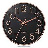 Lafocuse Schwarz Modern Wanduhr Lautlos 30cm, 3D Ziffern Rosegold Ohne Tickgeräusche, Quartz Wanduhr Analog Leicht zu Lesen Deko für Wohnzimmer Zimmer Küche Büro