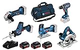 Bosch Professional 18V System Akku Bohrschrauber GSR 18V-28+Stichsäge GST 18V-LI S+Winkelschleifer GWS 18-125V-LI+Kreissäge GKS 18V-LI+Säbelsäge GSA 18V-LI C (inkl. 3x4.0Ah Akku, Ladegerät, in Tasche)