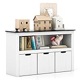 COSTWAY Spielzeugschrank für Kinder, Kinderregal Kommode mit 3 Schubladen & Rollen, Spielzeug-Organizer für Kinderzimmer & Wohnzimmer, Aufbewahrungsschrank Holz (Weiß+Schwarz, 102 x 33 x 62 cm)