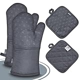 RICLAS 4er Set Ofenhandschuhe + Topflappen– 250°C Topfhandschuhe hitzebständig– Waschbarer Backhandschuh mit Anti Rutsch Silikondesign + Schlaufen zum Aufhängen (Grau)