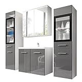 Badmöbel Set Madrit II mit Waschbecken und Siphon, Modernes Badezimmer, Komplettprogramme für Badezimmer, Spiegelschrank, Waschtisch, Hochschrank (Weiß/Grau Hochglanz, ohne Beleuchtung)