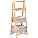 HOMCOM Standregal Badezimmerregal Bambusregal 3-stufiges Büroregal Lagerregal Aktenregal Küchenregal faltbar Perfekt für das Wohnzimmer Küche Bad Büro Bambus Polyester Natur+Grau 44,5x33x108 cm