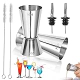 2 Stücke Jigger Messbecher Cocktail Edelstahl - Cocktailmass Abmessen Mass, Bar Gin Messbecher Doppelmessbecher, Wein Messbecher für Bar/Party/Gin/Cocktail, mit 2 Schnapsausgießer und 2 Röhrenbürsten