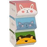 SONGMICS Aufbewahrungsboxen, 3er Set, Faltboxen, Stoffboxen mit Griffen, Spielzeug-Organizer, magnetischer Deckel, für Kinderzimmer, 38 x 35 x 25 cm, Tier-Motive, rosa, blau, grün und grau RFB760P01