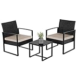 Yaheetech Balkonmöbel Set, Gartenmöbel-Set aus PE-Polyrattan Wetterfest inkl. 2 Stühle mit Sitzkissen & Tisch, 3Teilig Terrassenmöbel Sitzgruppe Lounge Set für Balkon/Terrasse/Garten, Schwarz-Beige