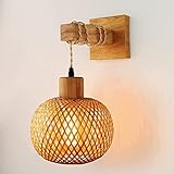 Wandleuchte Innen Vintage Bambuslaterne Lampe, E27 Retro Nylon-Seil Wandlampe Aus Metall Und Holz, Industrial Wandleuchte Aus Handgeflochtenem Rattan Für Schlafzimmer Wohnzimmer (Ohne Leuchtmittel)