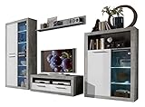 Wohnwand Anbauwand Wohnzimmerschrank 4-tlg. | Dekor | Betonoptik | Weiß Hochglanz | LED-Beleuchtung