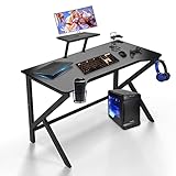 Gaming Tisch mit Kohlefaser,Gaming Schreibtisch 100 x 55 x 90.5cm Esport Ergonomischer Computertisch Tisch mit Kohlefaseroberfläche, stabiles K-Gestell, Kopfhörerhaken zum Spielen,Schwarz