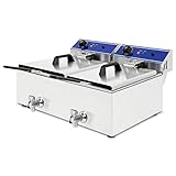 vertes Friteuse Fritteuse Fritöse Edelstahl 2x 10L (6000W, 230V, Kaltzonenprinzip, Temperatur Stufenlos Regulierbar 50-200°C, Ablasshahn, 2 Frittierkörbe, Reset Taste, Betrieb mit Öl & Flüssigem Fett)