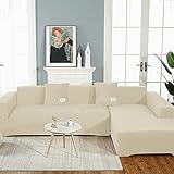 OKJK Samt Sofaüberwurf Stretch All-Inclusive Couchbezug Eckcouch, Wohnzimmer Vier Jahreszeiten universeller l Form Sofabezug, Pflegeleichter Sofaschutz (Off-White,Part B-B 235-300cm)