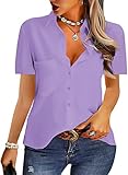 AISEW Lässige Damen-Shirts mit Knopfleiste, V-Ausschnitt, Chiffon, kurz/langärmelig, für Büro, Arbeit, Bluse mit Tasche, D-lila, Klein