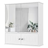 HOCSOK Spiegelschrank, Badezimmerschrank mit Spiegel, Hängeschrank mit 2 Spiegeltüren und 2 Holztüren, Verstellbaren Ablage, fürs Bad, Dusche Raum, Weiß, 60 x 17.5 x 55 cm