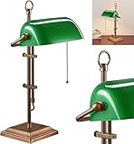 Klassische Bankerlampe, Grün Bankers Lamp Schreibtischlampe Retro, Verstellbare Tischlampe Vintage mit Zugketten Schalter, Bürolampe E27 LED Leseleuchte für Büro u. Schreibtisch, Grünes Bronze-Finish