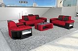 Couch Bellagio Couchgarnitur 3-2-1 Stoffsofa mit Sessel - mit LED Beleuchtung, verstellbare Kopfstützen/Mikrofaser (Rot-Schwarz C134)