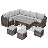 MeXo Polyrattan Gartenmöbel-Set Lounge-Set mit Ecksofa, WPC Esstisch, 3 Hocker, Kissen - Gartenlounge wetterfest bis 10 Personen