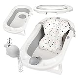 Primabobo Faltbare klappbare Badewanne für Babys im Alter von 0-36 Monaten, Neugeborenenwanne mit rutschfesten Füßen, Ergonomischem Kissen und abnehmbarem Spielzeug (Grau)…