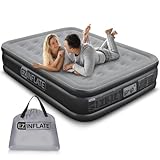 EZ INFLATE aufblasbare Luftmatratze mit eingebauter Pumpe, Luxus-Luftbett, aufblasbare Matratze für zu Hause, Camping, Reisen, luxuriöses Aufblasbett Queen schwarz / grau