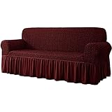 DSHUB Stretch Sofabezug, 1 Stück Möbelschutz Mit Rock Couchbezug Waschbar Seersucker Sofaschutz Für Wohnzimmer-Weinrot-2Sitz 145-178CM(57-70in)